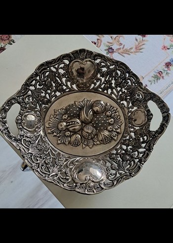 Vintage Çiçekli Gümüş Renkli Dekoratif Tabak - Görsel 3