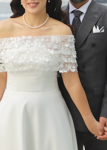 Modern Klasik Midi Beyaz Straplez Söz/Nişan Elbisesi - Görsel 3