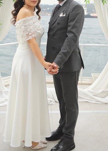 Modern Klasik Midi Beyaz Straplez Söz/Nişan Elbisesi - Görsel 2