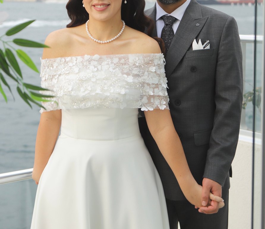 Modern Klasik Midi Beyaz Straplez Söz/Nişan Elbisesi - Görsel 3