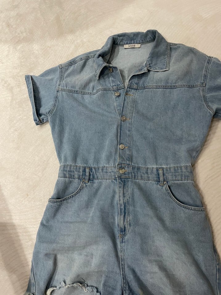 Kadın Mavi Kot Kısa Tulum - Görsel 2