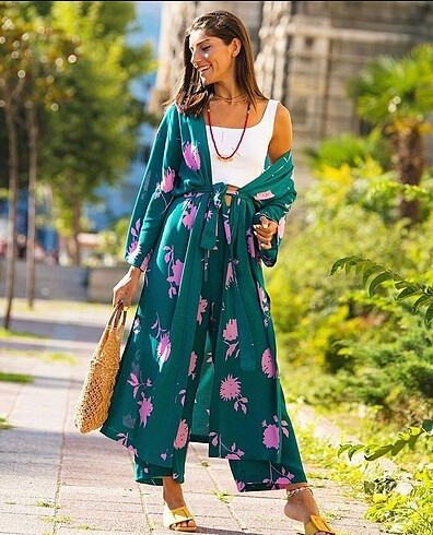 s Beden çeşitli Renk Yeşil lila desenli kimono