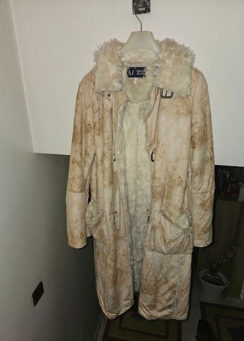 Armani Jeans Bej Suet İci Kurk Orjinal Armani Jeans Oversize Uzun Kaban