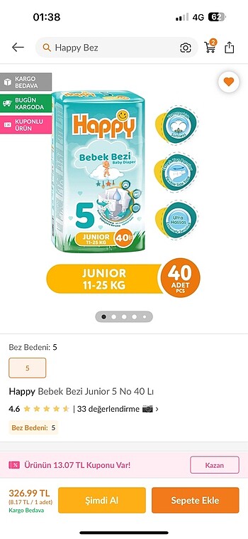 Happy bebek bezi 5 numara
