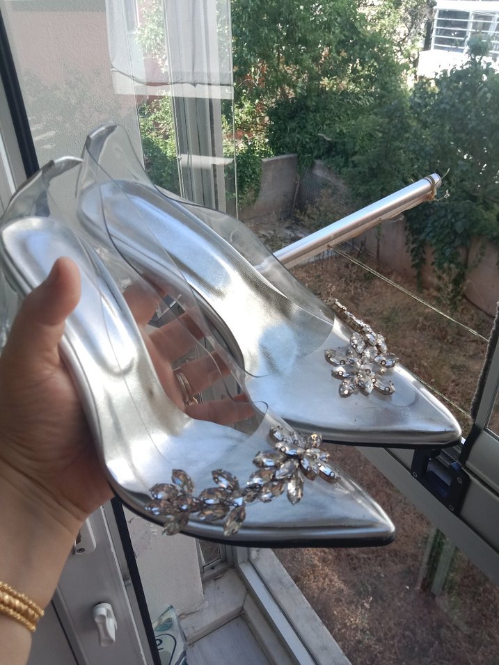 şeffaf boncuklu Cam Yüksek Topuklu Abiye Ayakkabı - Görsel 5