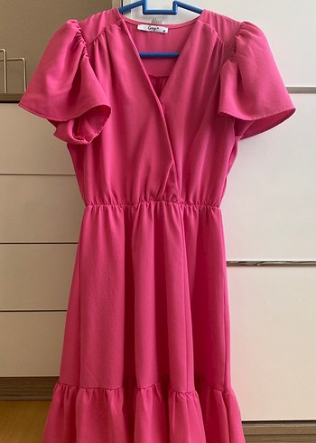 Pembe V Yaka Midi Bohem Elbise