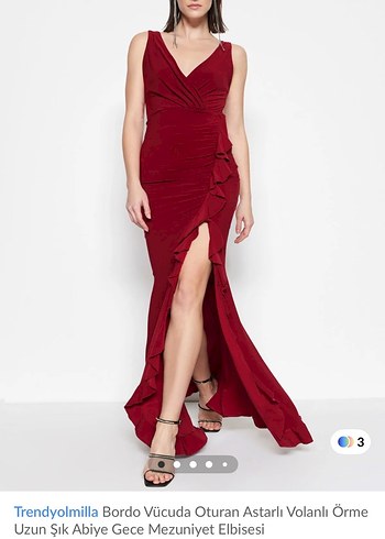 Trendyolmilla Bordo Drapeli Uzun Abiye Elbise