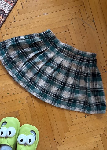 Mavi Ekose Pileli Midi Etek