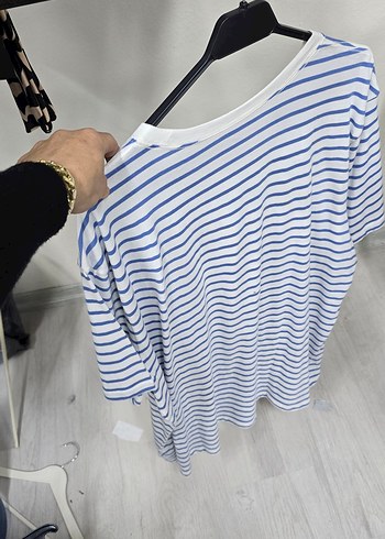 Mavi Çizgili Bisiklet Yaka Tişört - Görsel 3