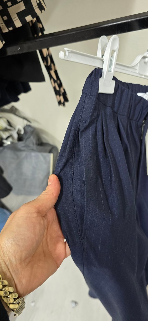 Lacivert Pilili Salaş Kumaş Pantolon - Görsel 3