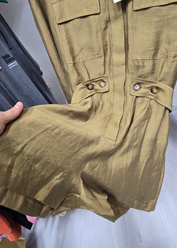 Bej Keten Mini Kadın Tulum - Görsel 5