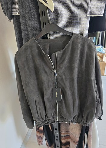 massimo dutti Gri Süet Kadın Kemerli Deri Ceket