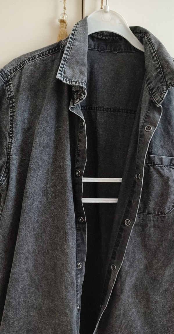 Erkek Gri Denim Kısa Kollu Gömlek - Görsel 2