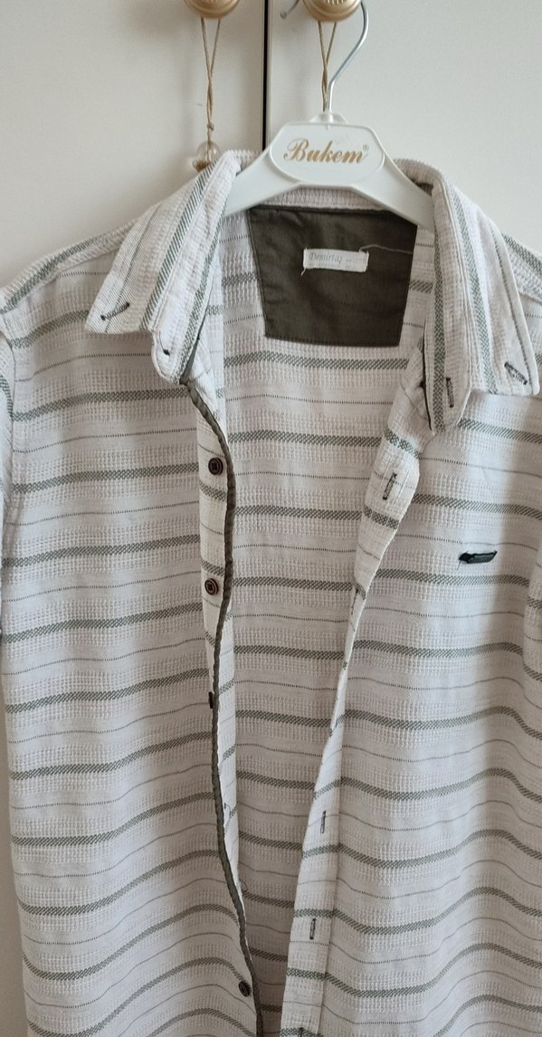 Gri Çizgili Keten Kısa Kollu Erkek Gömlek - Görsel 2