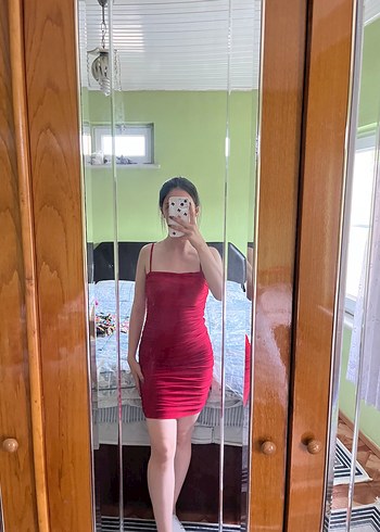 Kırmızı Transparan İnce Askılı Mini Elbise