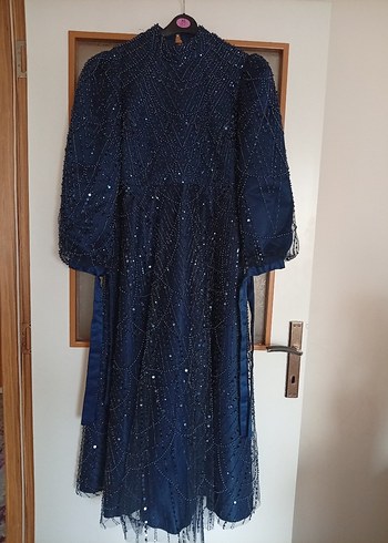 Boncuk İşlemeli Lacivert Uzun Abiye Elbise - Görsel 2