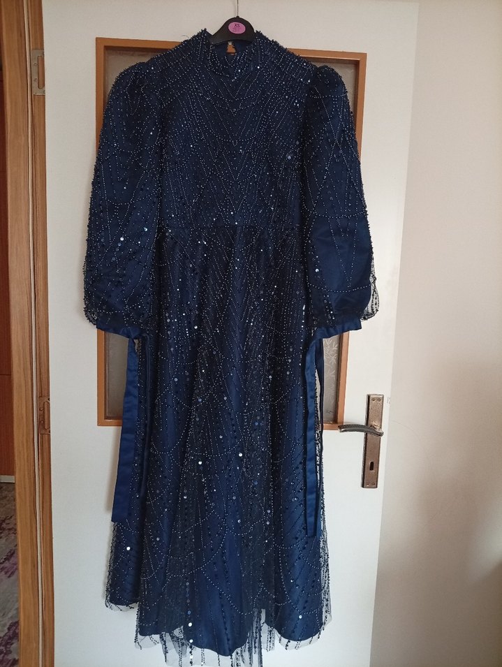 Boncuk İşlemeli Lacivert Uzun Abiye Elbise - Görsel 2