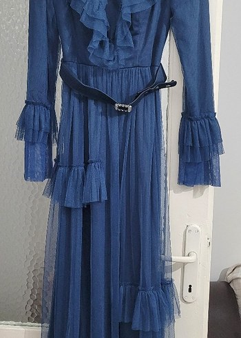Vintage Lacivert Uzun Elbise