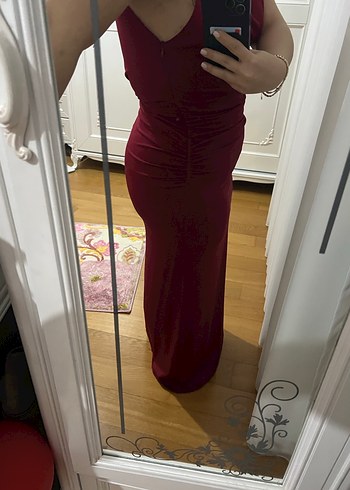 Zara Bordo drapeli Dökümlü Uzun Elbise - Görsel 7