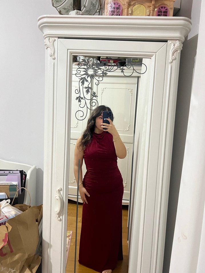 Zara Bordo drapeli Dökümlü Uzun Elbise - Görsel 4