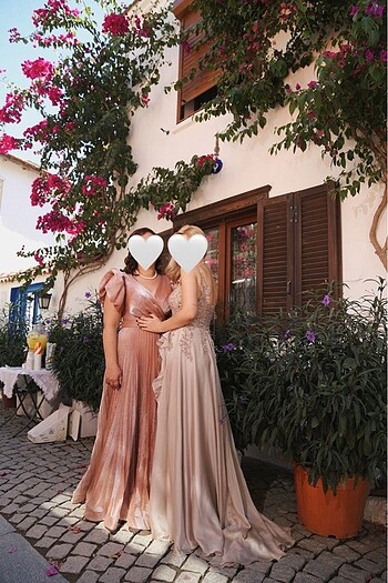 l Beden pembe Renk Pudra Balon Kollu Abiye
