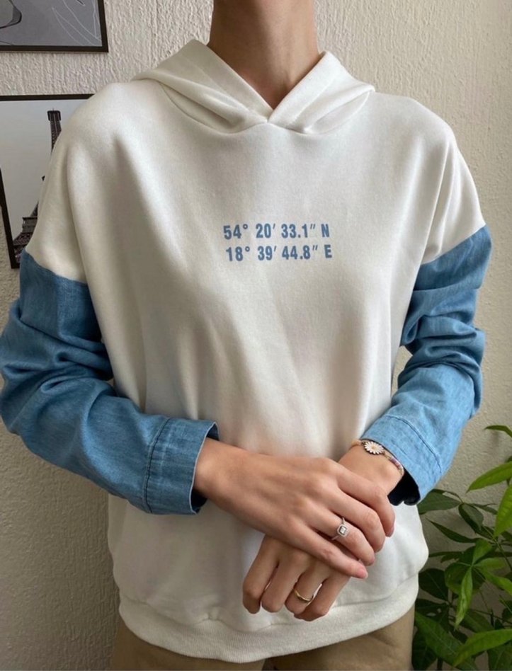 Beyaz Kolları Denim Sweatshirt - Görsel 2