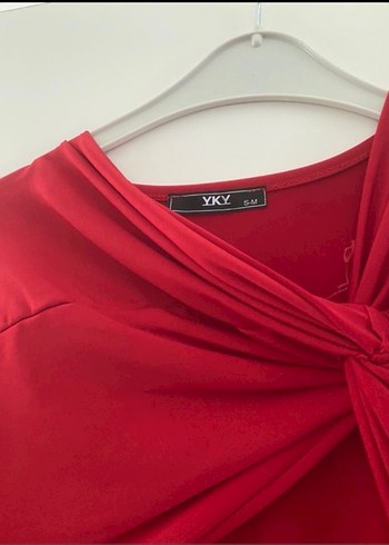 Kırmızı Dekolteli Drapeli Uzun kol Elbise - Görsel 4