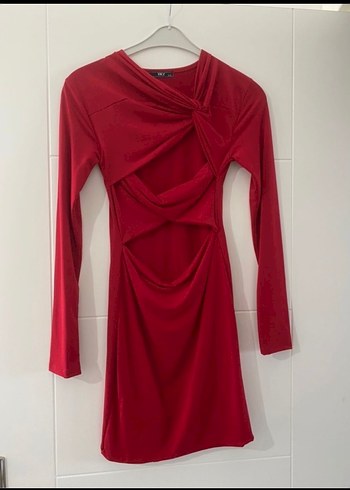Kırmızı Dekolteli Drapeli Uzun kol Elbise - Görsel 2