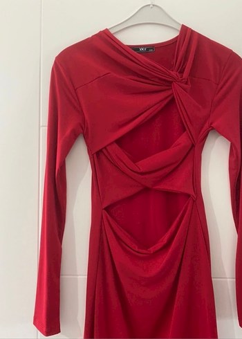 Kırmızı Dekolteli Drapeli Uzun kol Elbise - Görsel 3