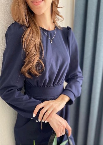 Lacivert eteği kruvaze şık elbise - Görsel 2