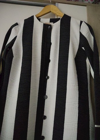 Düğmeli Uzun Çizgili Kadın Kaban - Görsel 2