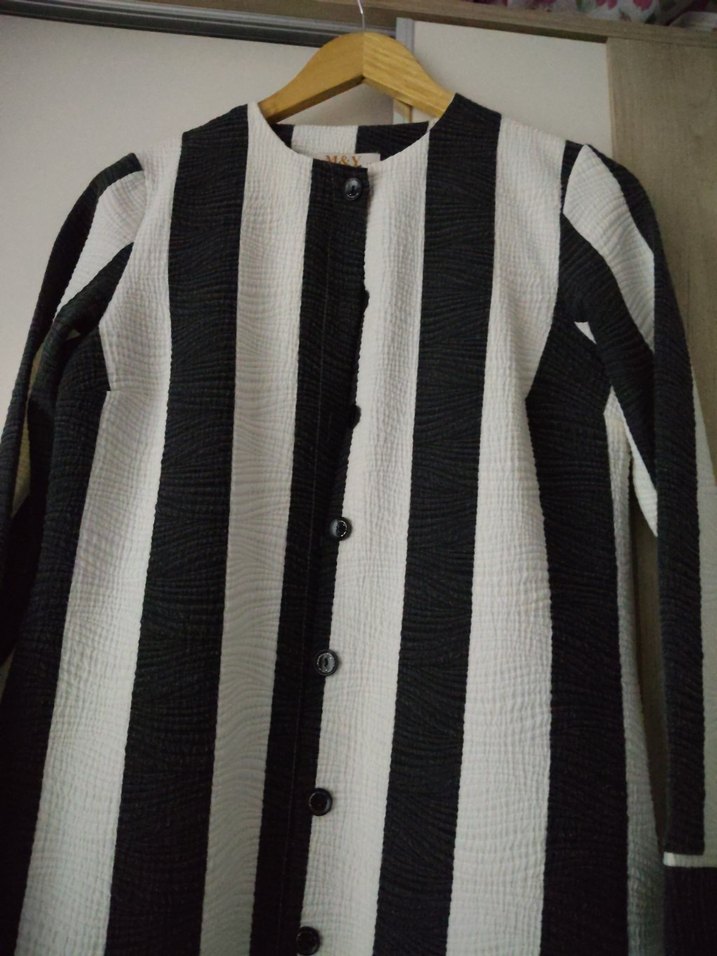 Düğmeli Uzun Çizgili Kadın Kaban - Görsel 2