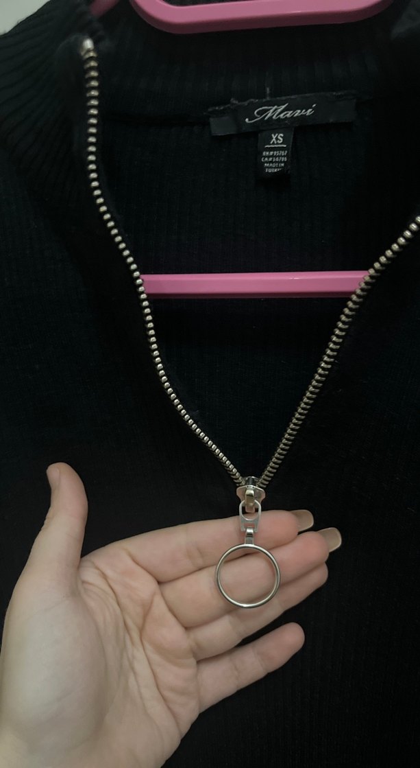 Siyah Süet Görünümlü Yarım Fermuarlı Triko - Görsel 2