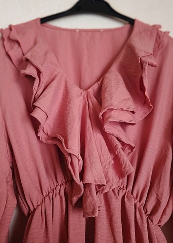 Pembe Keten Uzun Kolu Fırfırlı Elbise LC Waikiki elbise DeFacto - Görsel 3