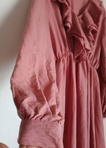 Pembe Keten Uzun Kolu Fırfırlı Elbise LC Waikiki elbise DeFacto - Görsel 2