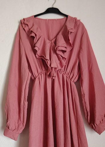 Pembe Keten Uzun Kolu Fırfırlı Elbise LC Waikiki elbise DeFacto - Görsel 5