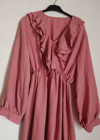 Pembe Keten Uzun Kolu Fırfırlı Elbise LC Waikiki elbise DeFacto - Görsel 4