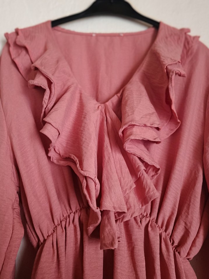 Pembe Keten Uzun Kolu Fırfırlı Elbise LC Waikiki elbise DeFacto - Görsel 3