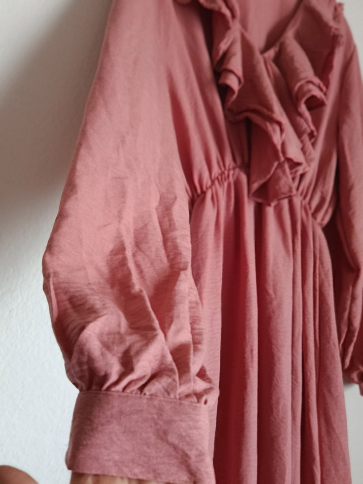 Pembe Keten Uzun Kolu Fırfırlı Elbise LC Waikiki elbise DeFacto - Görsel 2