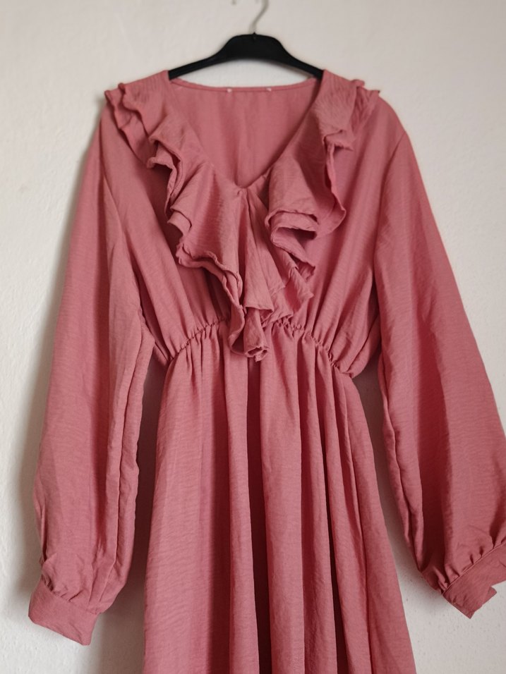 Pembe Keten Uzun Kolu Fırfırlı Elbise LC Waikiki elbise DeFacto - Görsel 5