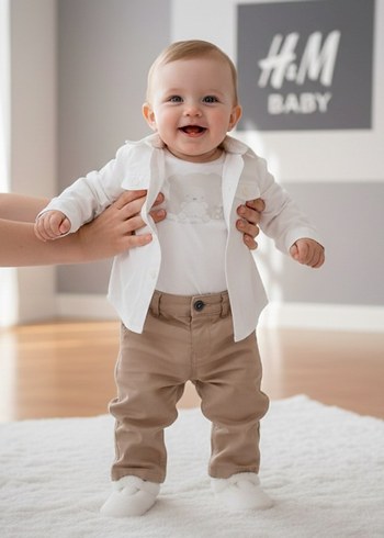 H&M BABY keten gömlek pantolon badi 3lü bebek takım 2 6 ay - Görsel 2