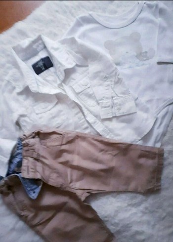 H&M BABY keten gömlek pantolon badi 3lü bebek takım 2 6 ay - Görsel 3