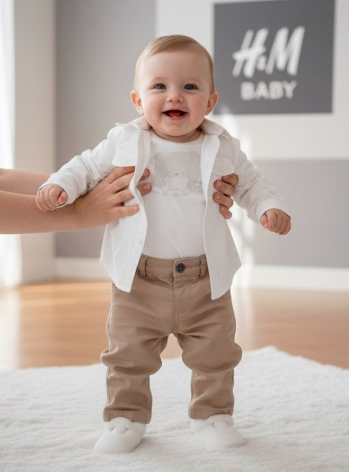 H&M BABY keten gömlek pantolon badi 3lü bebek takım 2 6 ay - Görsel 2