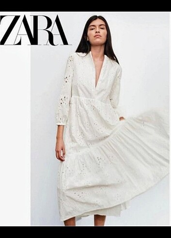 ZARA BRODE BEYAZ DANTEL FİSTO ELBİSE uzun bohem tesettür 