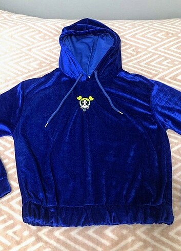 SAKS MAVİ KAPŞONLU KADİFE SWEAT spor eşofman üst MİA TWİST MNG Z