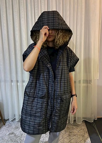 Gri Ekose Desenli Kadın şişme yelek - Görsel 7