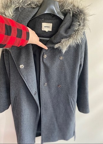Koton marka Kürk Kapüşonlu Gri Kaban - Görsel 7