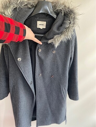 KOTON kürklü gri renk kaban - Görsel 7