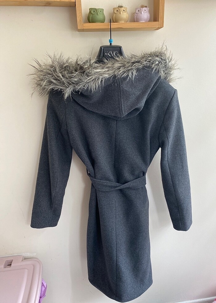 KOTON kürklü gri renk kaban - Görsel 2