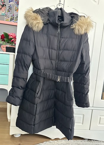 Siyah Midi Kürk Detaylı Kadın Kışlık Mont